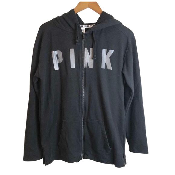 Pink Victoria's Secret Womens Oversized Logo Spellout Full Zip Hoodie Black XS - Picture 1 of 5